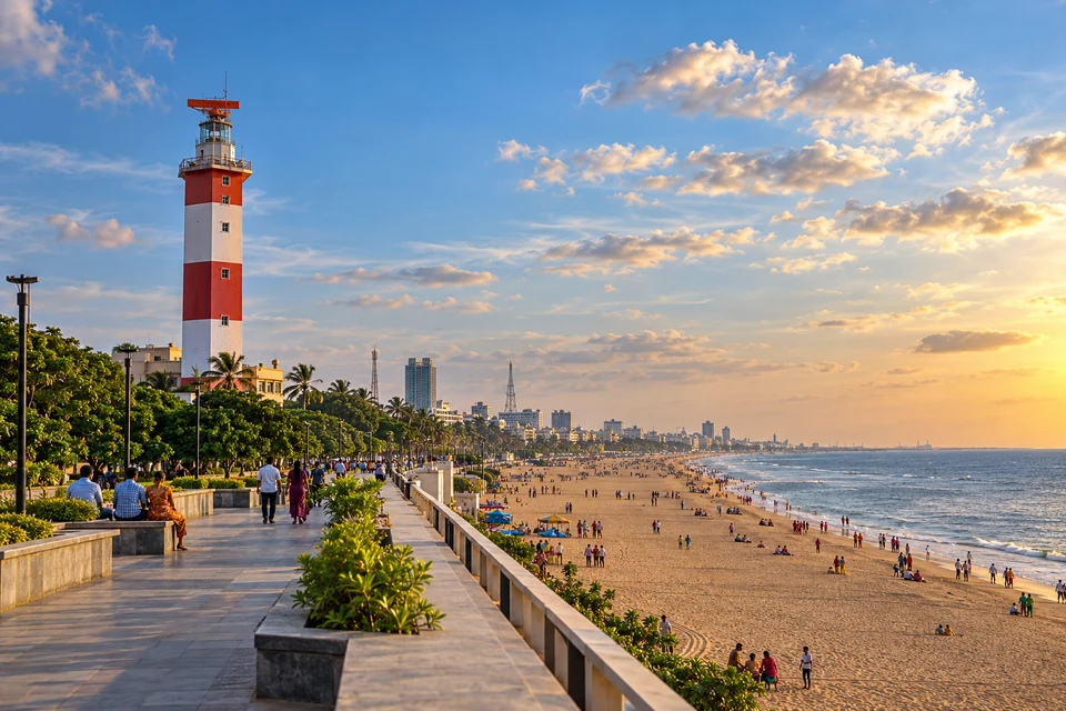 Illustration: Illustrative city view of Marina Beach promenade and Chennai lighthouse