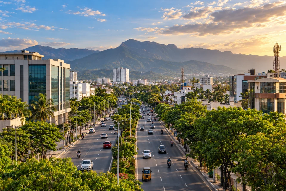 Illustration: Illustrative city view of tree lined Coimbatore urban boulevard with buildings and distant Western Ghats