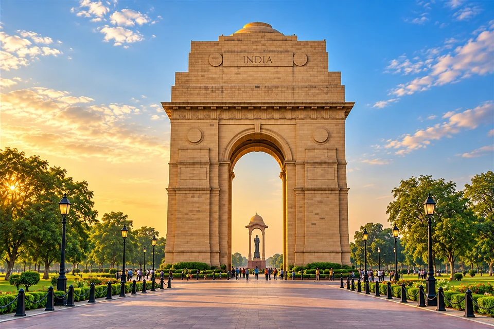 Illustration: Illustrative city view of India Gate, central frontal view with a landscaped avenue