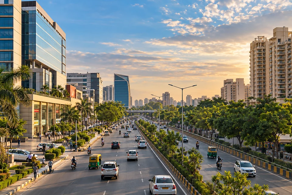 Illustration: Illustrative city view of Faridabad urban boulevard with Indian streetscape and modern buildings