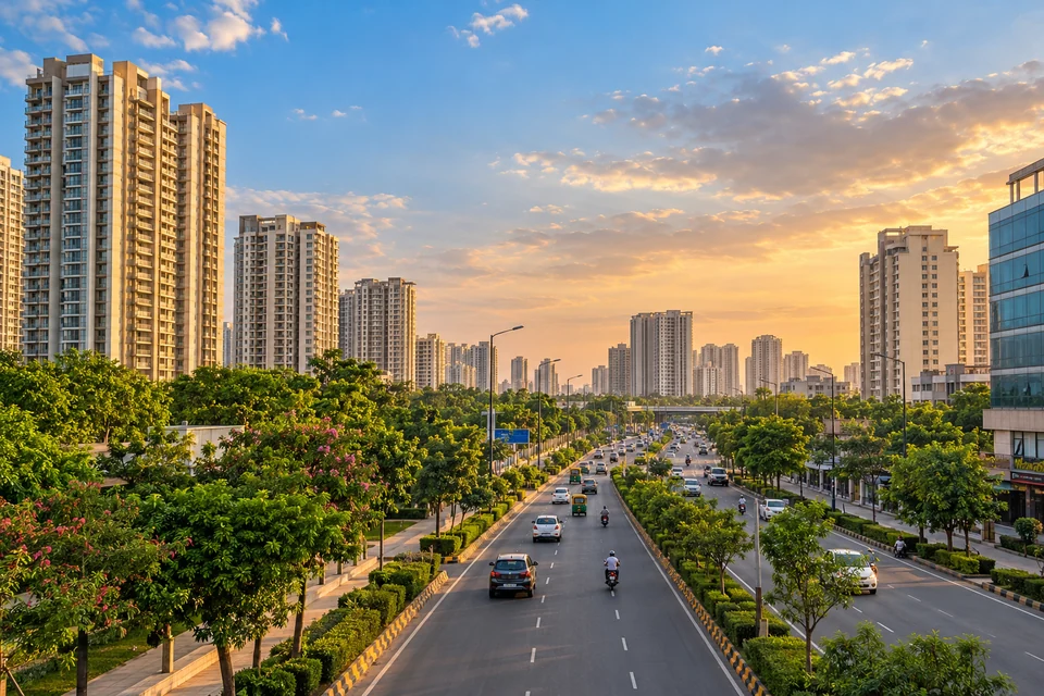 Illustration: Illustrative city view of Ghaziabad city boulevard with residential towers and greenery