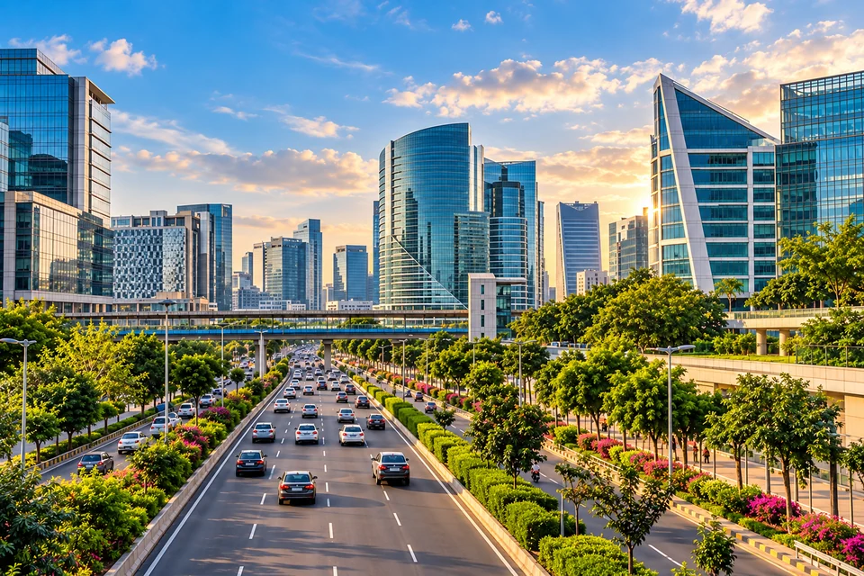 Illustration: Illustrative city view of Cyber City glass office towers and a clean urban boulevard