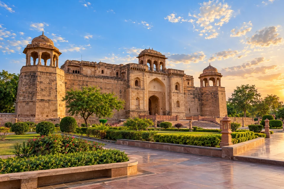Illustration: Illustrative city view of Hisar sandstone heritage architecture and a landscaped plaza