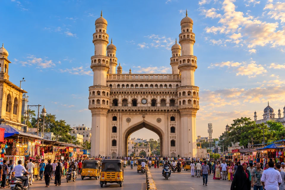 Illustration: Illustrative city view of Charminar monument and surrounding Hyderabad street