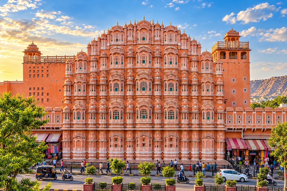 Illustration: Illustrative city view of Hawa Mahal pink sandstone facade with foreground road and gardens