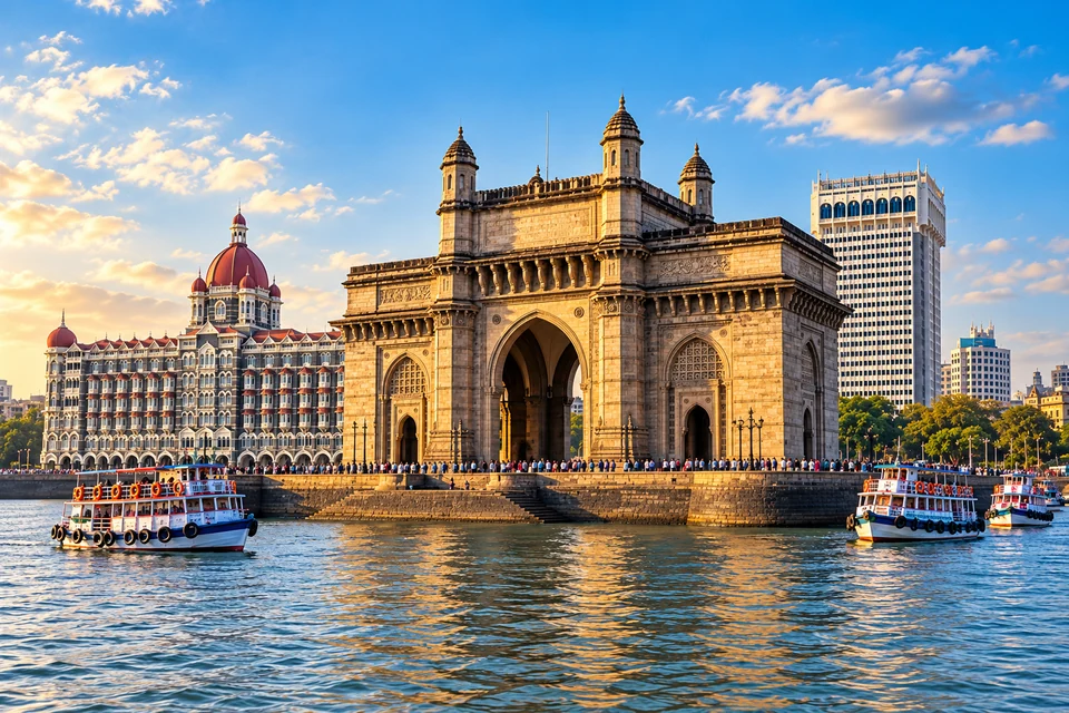 Illustration: Illustrative city view of Gateway of India from the waterfront with the heritage hotel beside it
