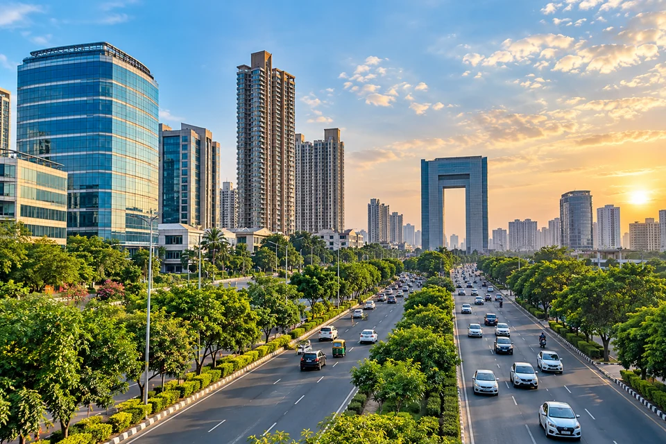 Illustration: Illustrative city view of Noida contemporary skyline and broad tree lined boulevard